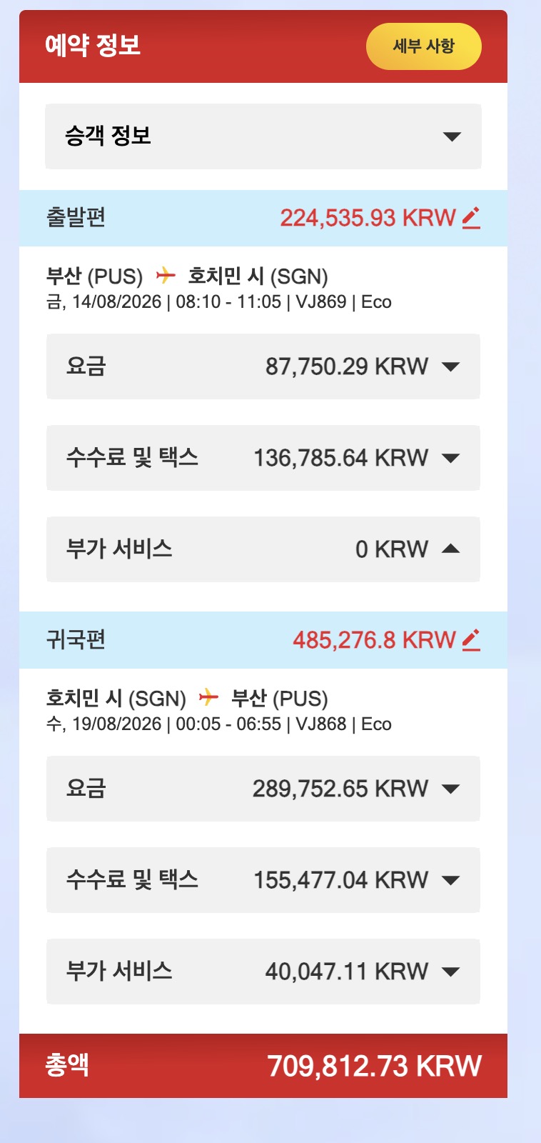 비엣젯 공식 홈페이지에서 위탁수하물 20kg를 추가한 예약 화면. 귀국편 부가서비스 40,047.11원 추가, 총액 709,812.73원.